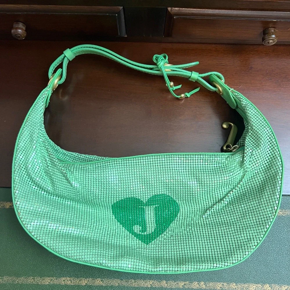 Juicy Couture Viva La Juicy Green Mesh Hobo Bag Leather Trim Heart Logo Brass